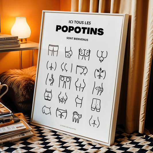 Affiche WC humoristique noir et blanc “Ici tous les popotins sont bienvenus”, décoration toilettes minimaliste moderne, poster salle de bain design épuré, collection Le Temps des Paillettes