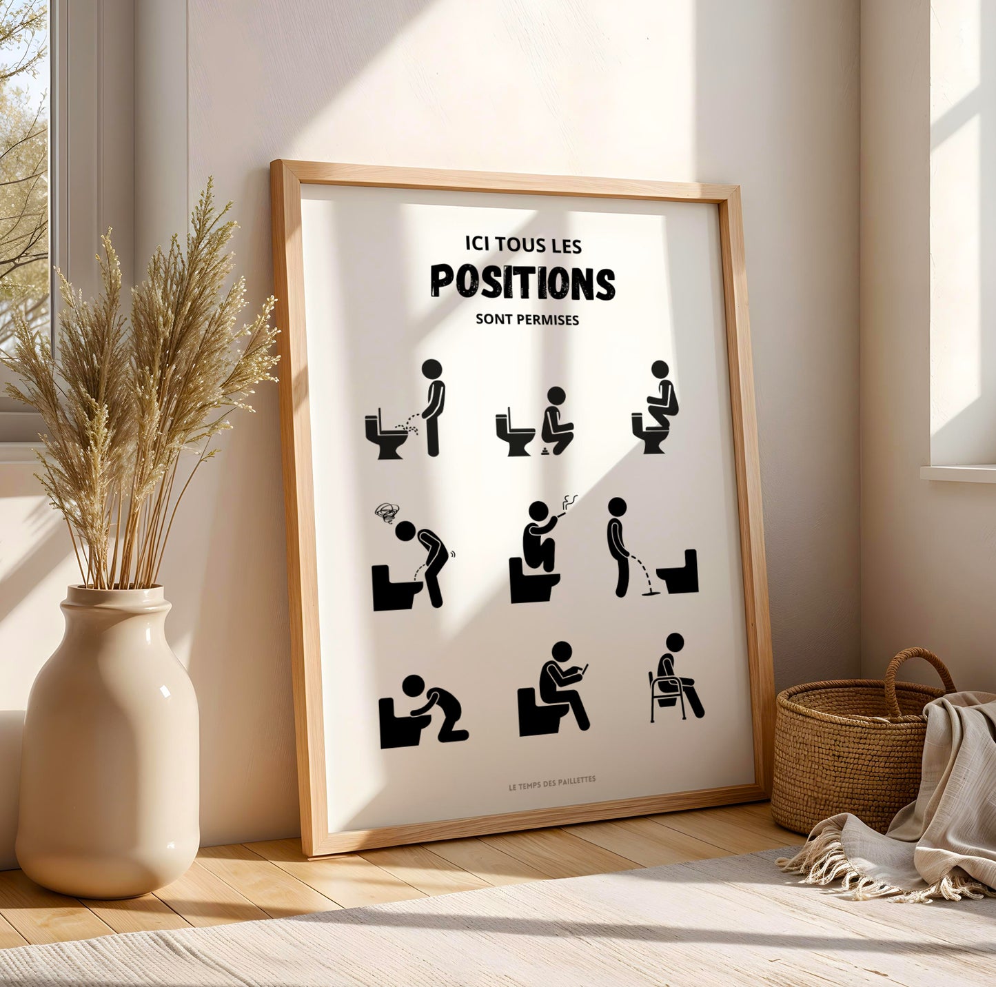 Affiche WC humour toutes les positions sont permises, décoration toilettes Airbnb et location saisonnière, affiche salle de bain originale Le Temps des Paillettes
