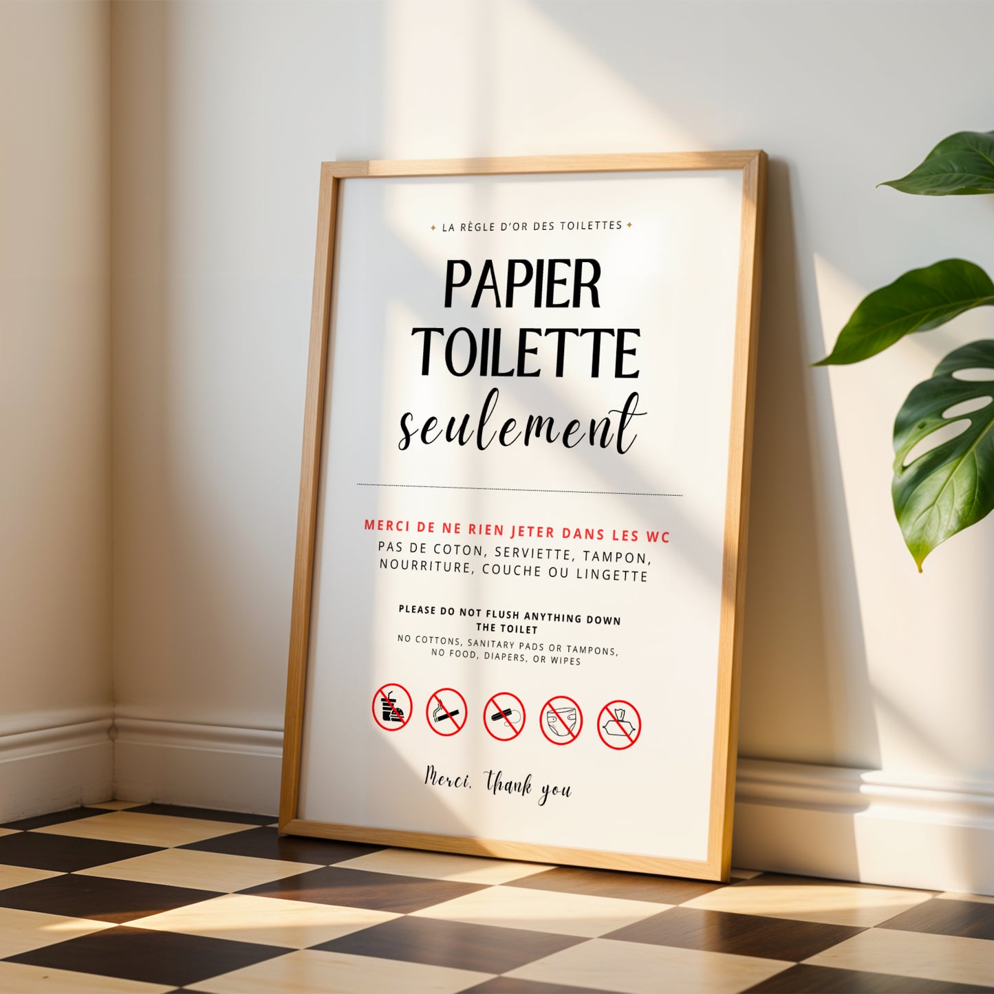 Affiche WC ne rien jeter dans les toilettes, signalétique canalisations sensibles, décoration utile Airbnb et location saisonnière, affiche salle de bain Le Temps des Paillettes