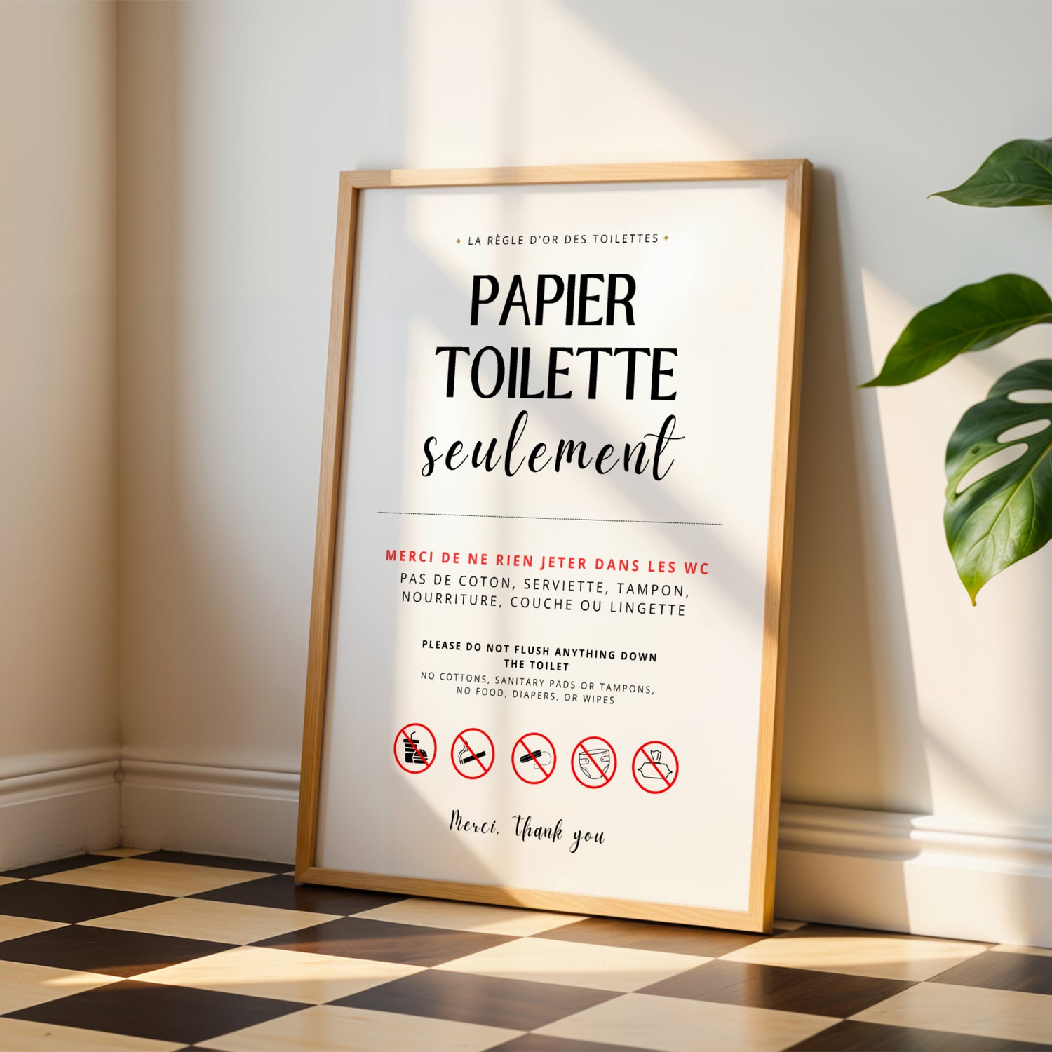 Affiche WC ne rien jeter dans les toilettes, signalétique canalisations sensibles, décoration utile Airbnb et location saisonnière, affiche salle de bain Le Temps des Paillettes