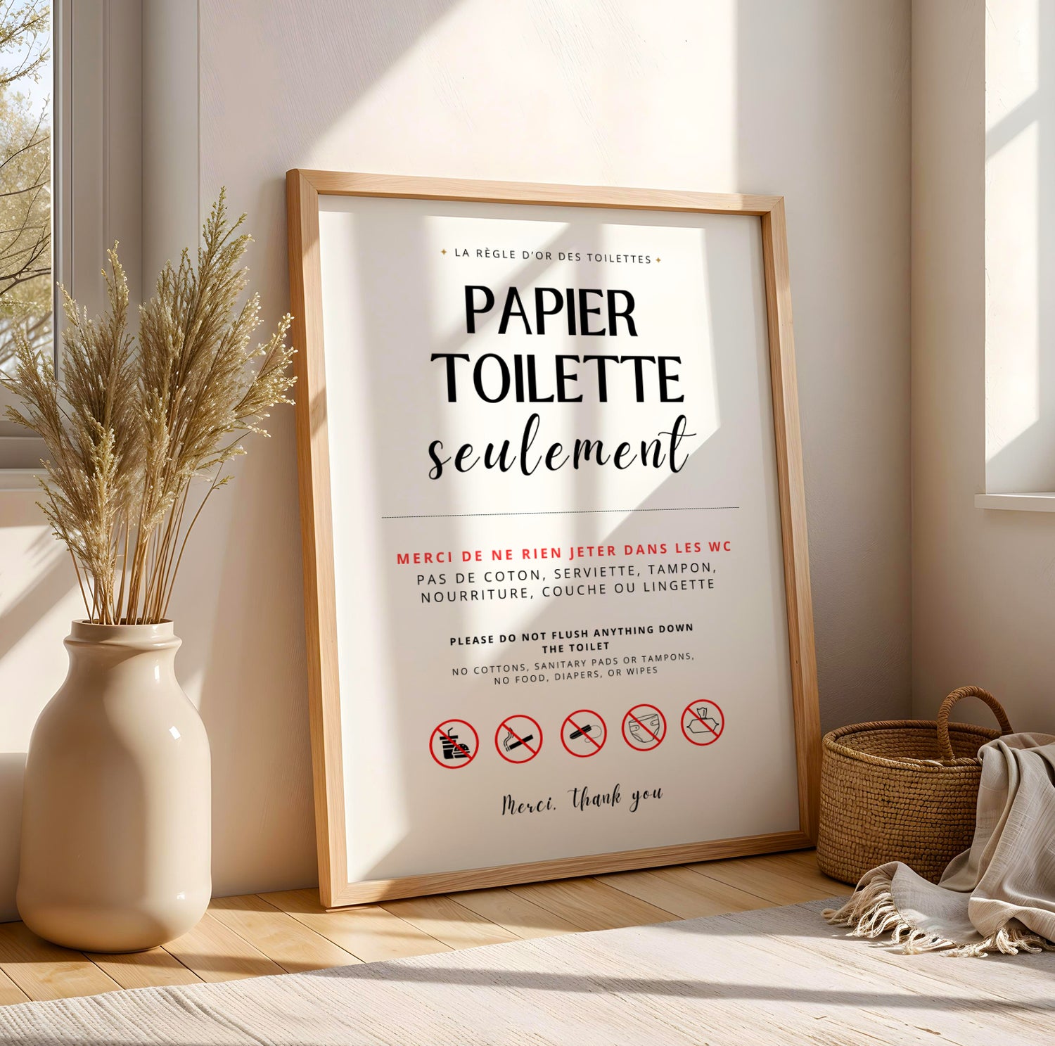 Affiche WC ne rien jeter dans les toilettes, signalétique canalisations sensibles, décoration utile Airbnb et location saisonnière, affiche salle de bain Le Temps des Paillettes