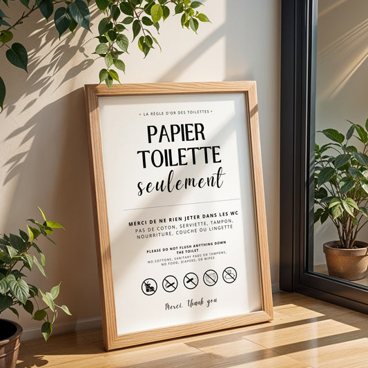 Affiche WC ne rien jeter dans les toilettes, signalétique canalisations sensibles, décoration utile Airbnb et location saisonnière, affiche salle de bain Le Temps des Paillettes