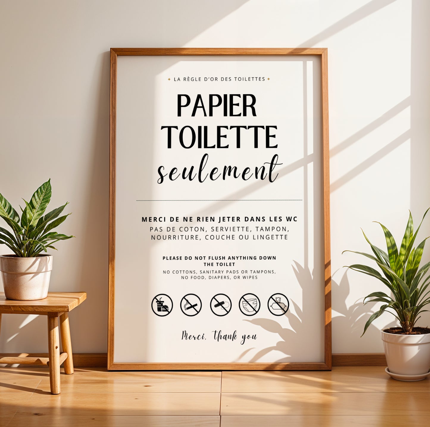 Affiche WC ne rien jeter dans les toilettes, signalétique canalisations sensibles, décoration utile Airbnb et location saisonnière, affiche salle de bain Le Temps des Paillettes