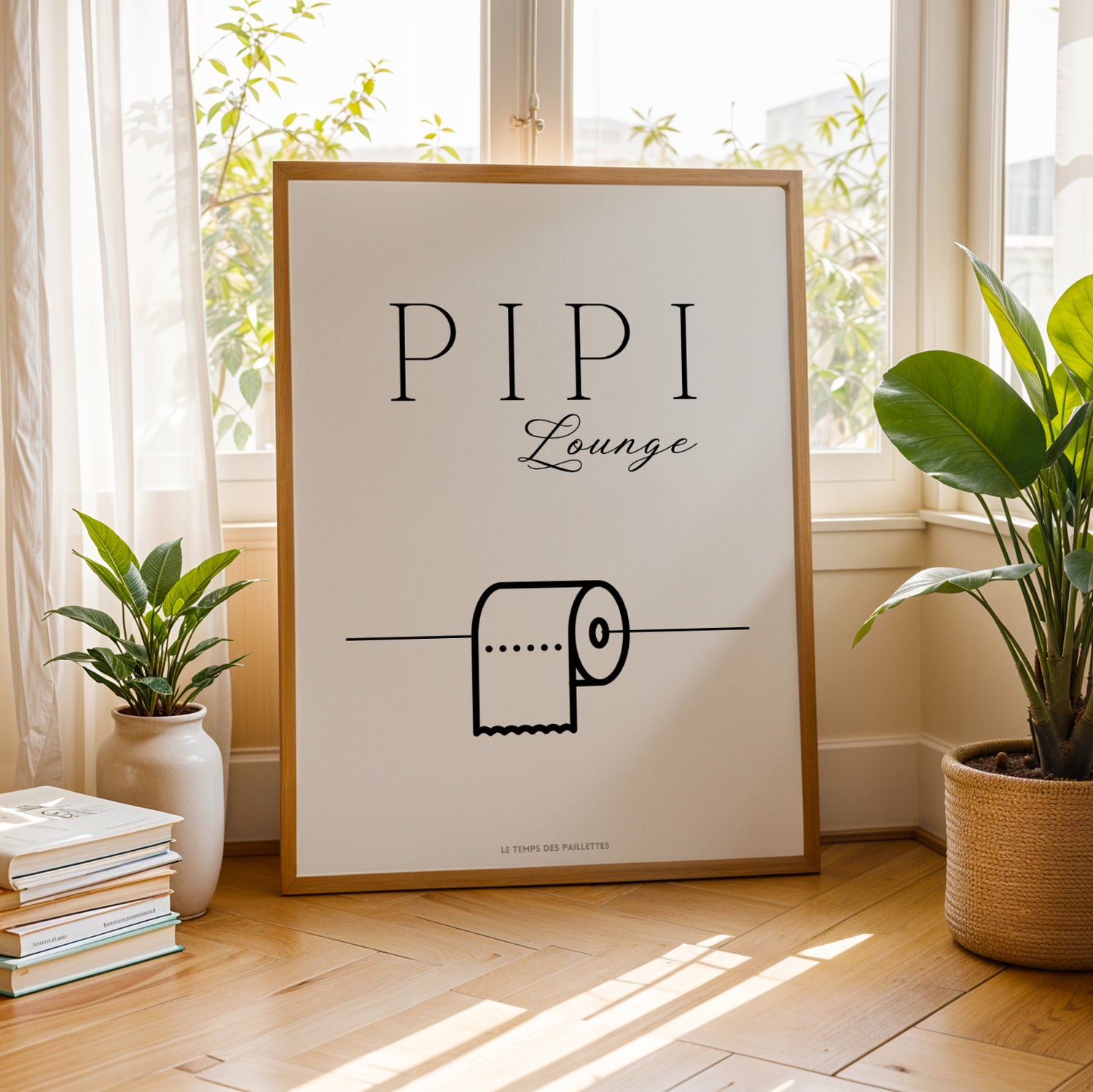 Affiche WC humoristique pipi longue avec papier toilette, illustration drôle salle de bain, décoration minimaliste toilettes, Le Temps des Paillettes