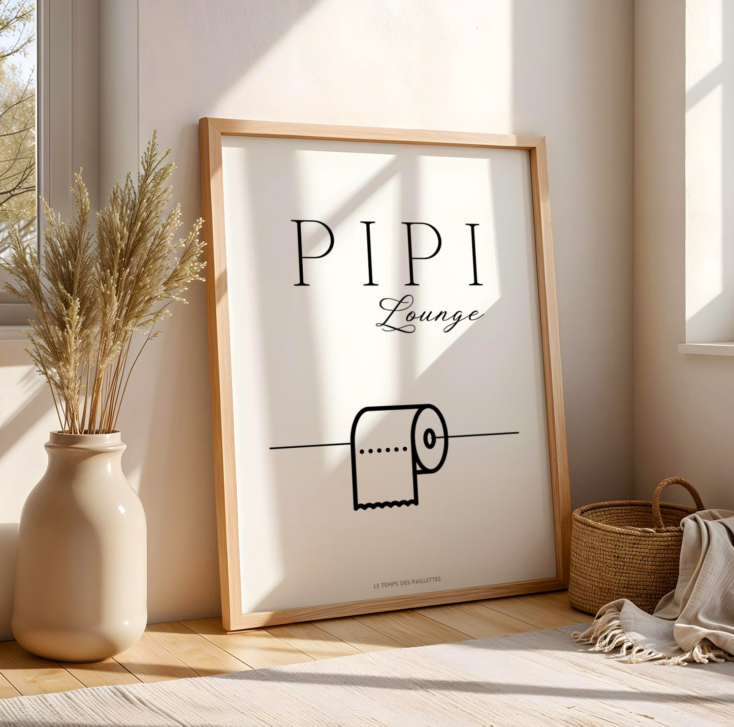 Affiche WC humoristique pipi longue avec papier toilette, illustration drôle salle de bain, décoration minimaliste toilettes, Le Temps des Paillettes