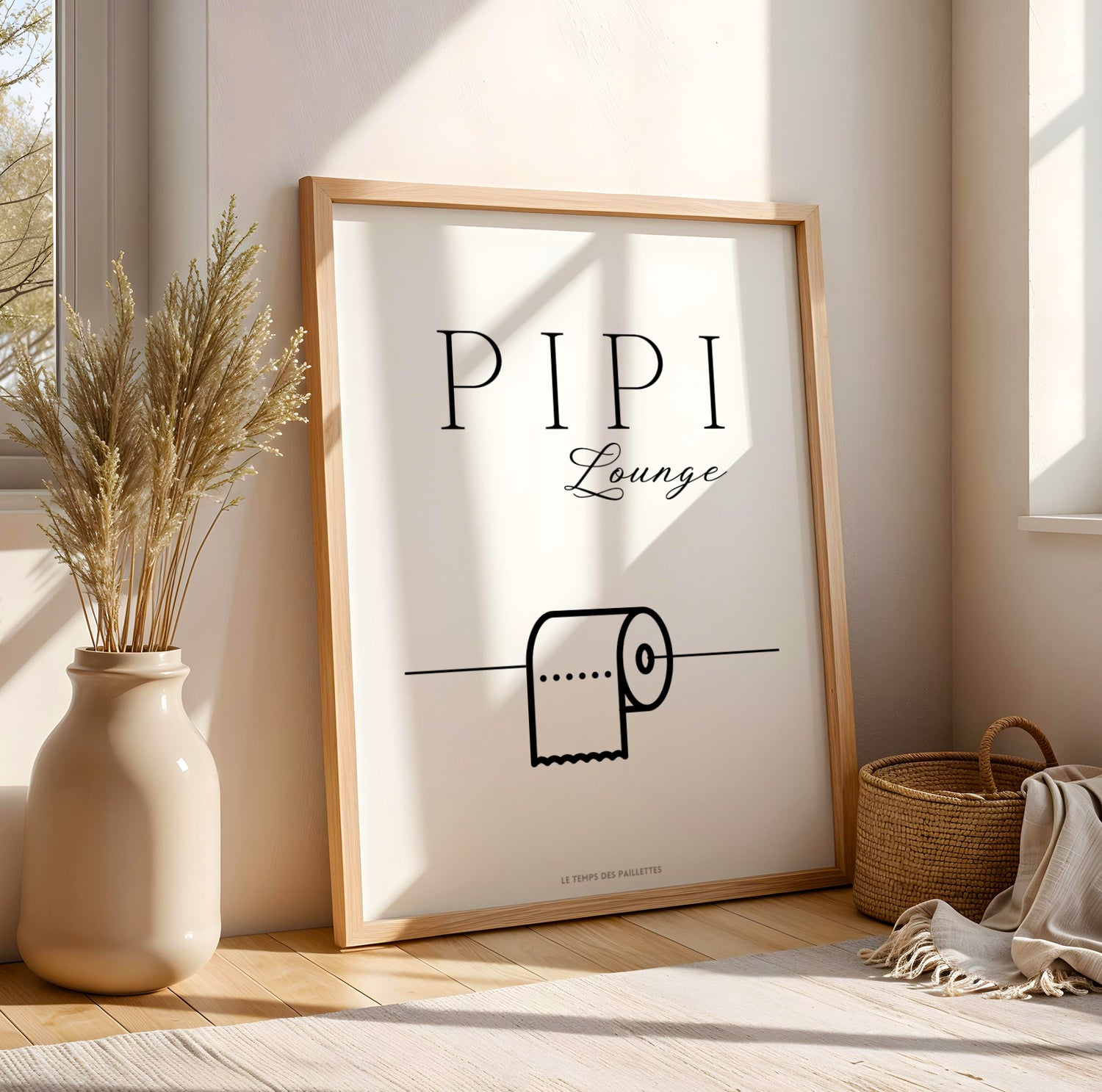 Affiche WC humoristique pipi longue avec papier toilette, illustration drôle salle de bain, décoration minimaliste toilettes, Le Temps des Paillettes