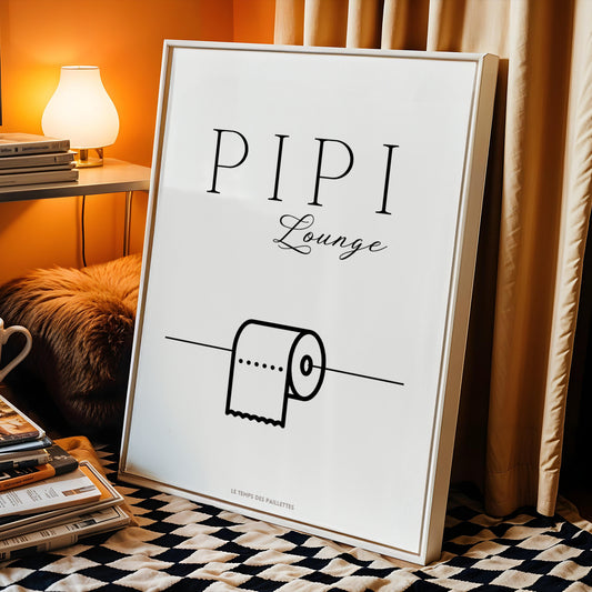 Affiche WC humoristique pipi longue avec papier toilette, illustration drôle salle de bain, décoration minimaliste toilettes, Le Temps des Paillettes
