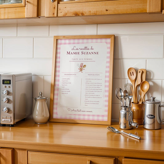Affiche Recette Personnalisée Mamie — Cadeau Grand-mère Original — Poster Cuisine Vichy Imprimable — Cadeau Noël Fête des Mères