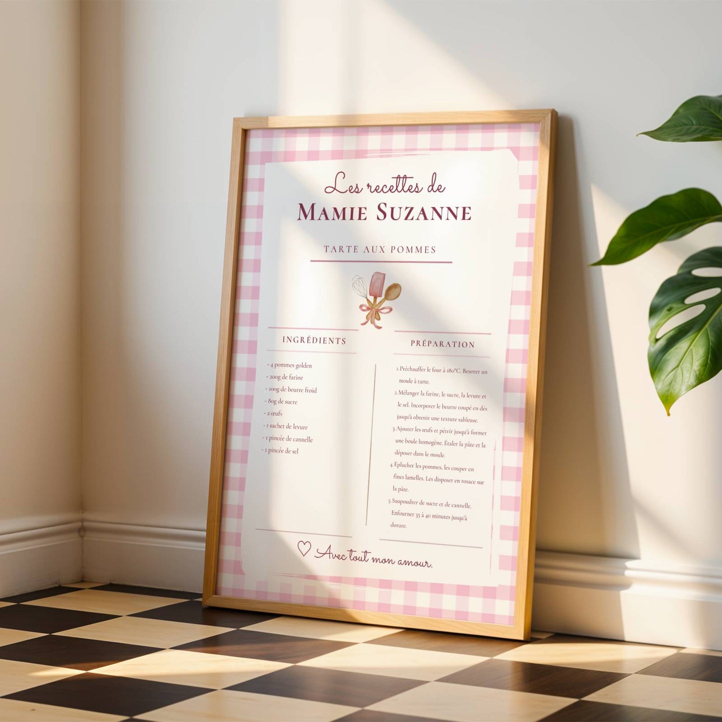 Affiche Recette Personnalisée Mamie — Cadeau Grand-mère Original — Poster Cuisine Vichy Imprimable — Cadeau Noël Fête des Mères