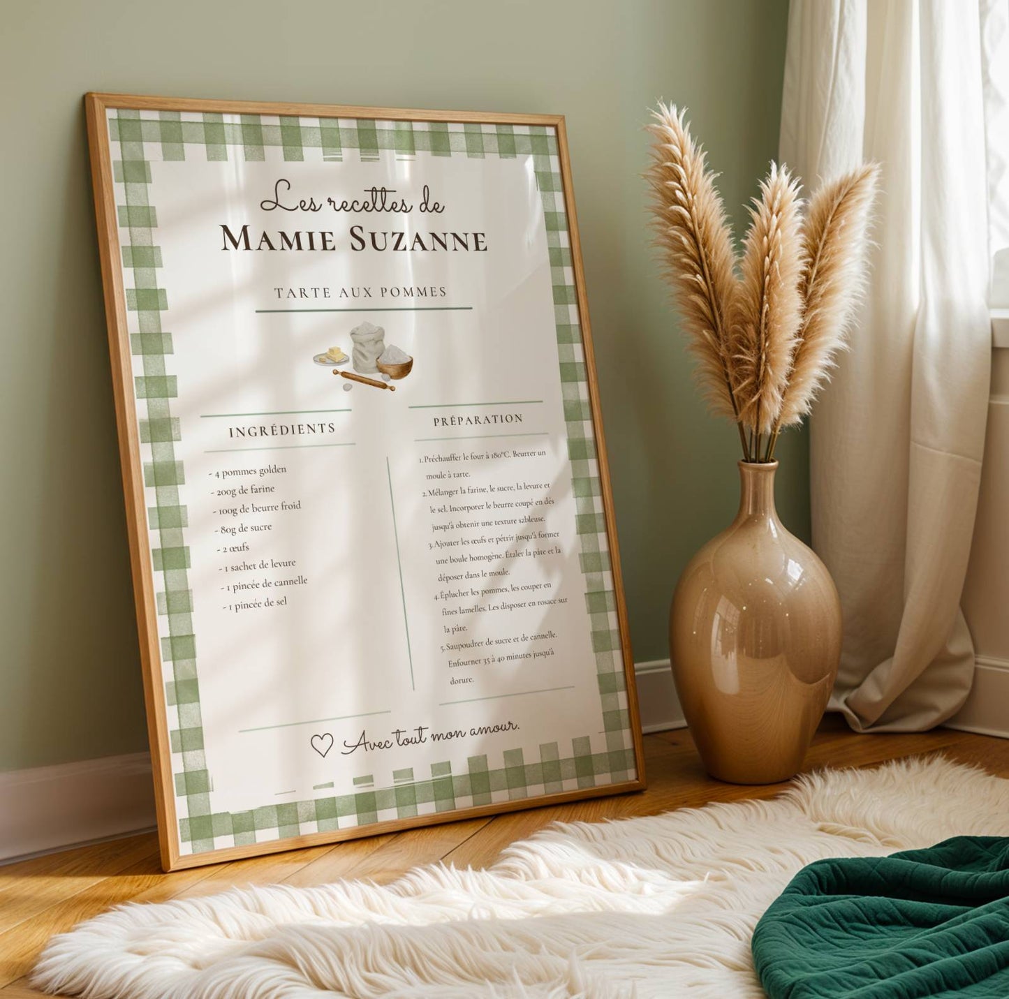 Affiche Recette Personnalisée Mamie — Cadeau Grand-mère Original — Poster Cuisine Vichy Imprimable — Cadeau Noël Fête des Mères