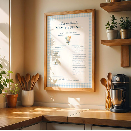 Affiche Recette Personnalisée Mamie — Cadeau Grand-mère Original — Poster Cuisine Vichy Imprimable — Cadeau Noël Fête des Mères