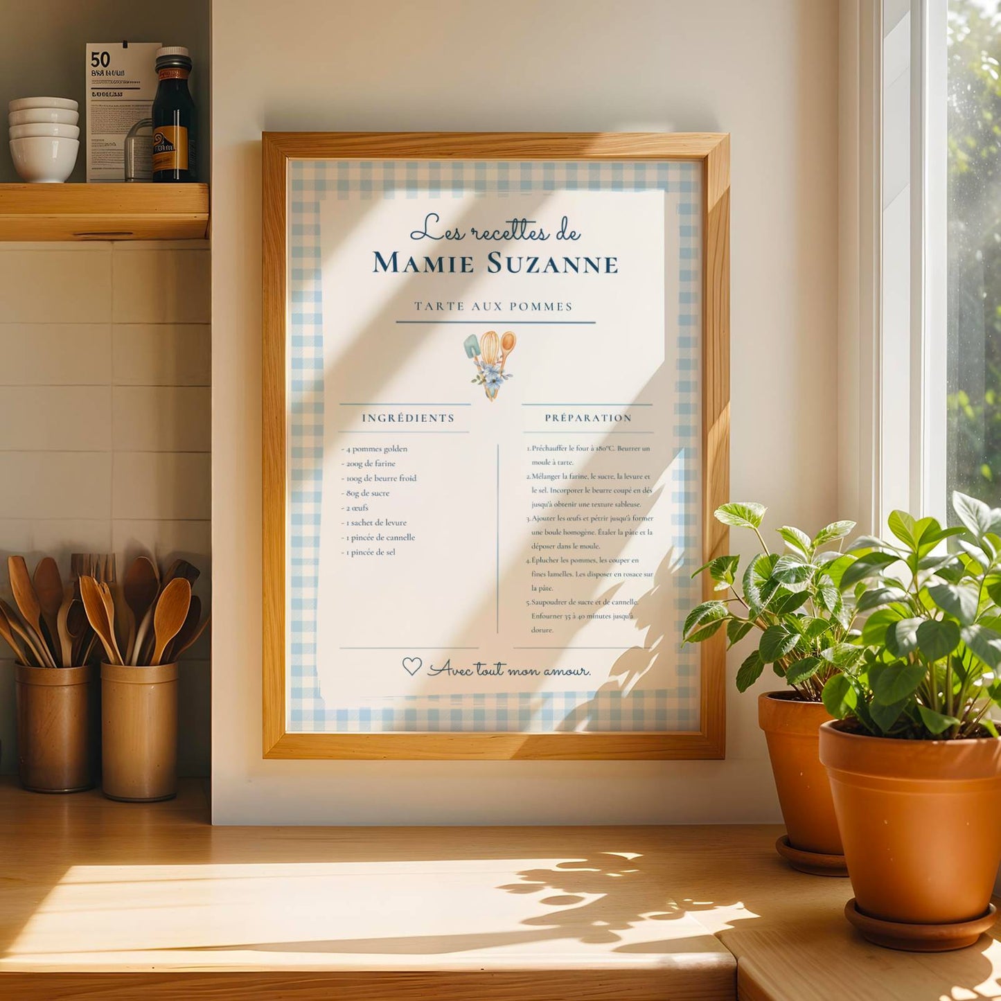 Affiche Recette Personnalisée Mamie — Cadeau Grand-mère Original — Poster Cuisine Vichy Imprimable — Cadeau Noël Fête des Mères