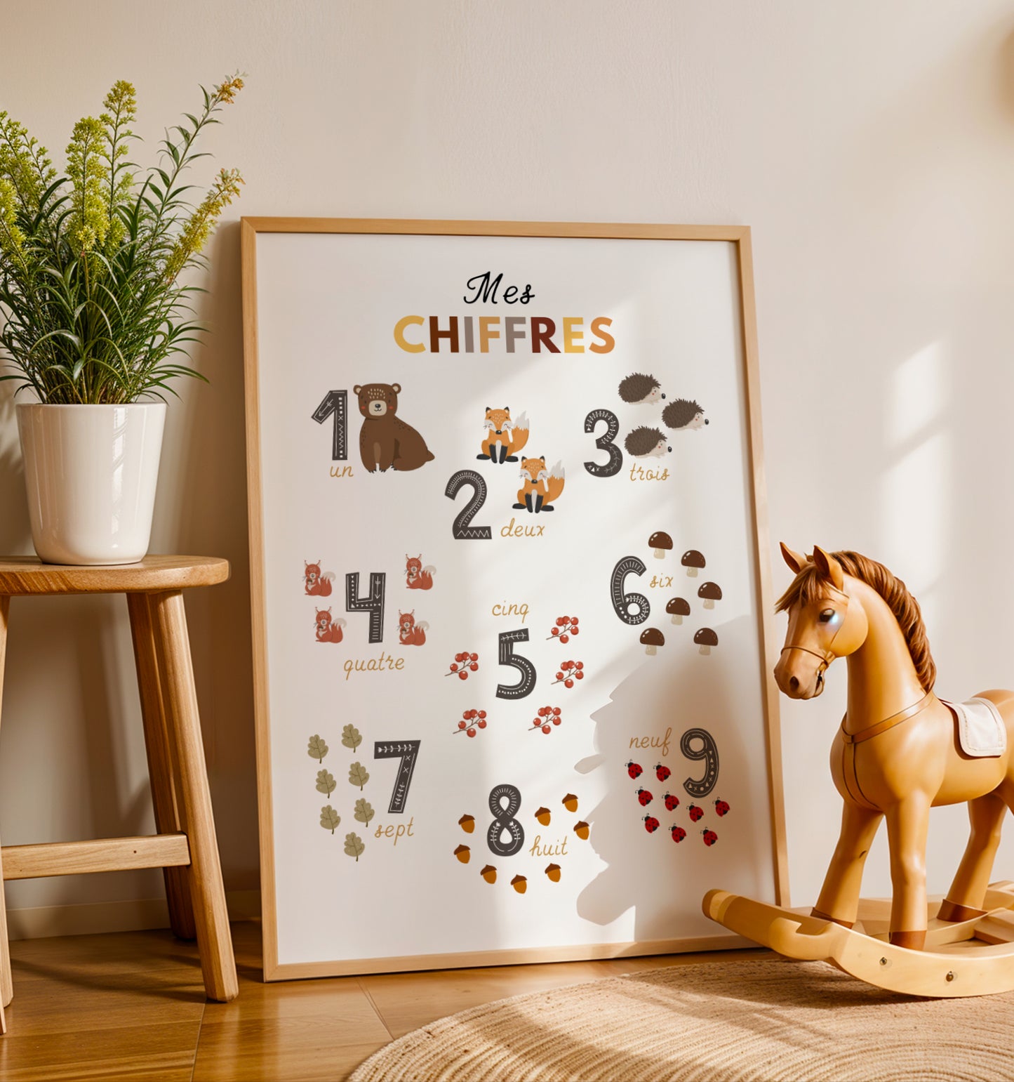 Duo d'Affiches Éducatives animaux de la forêt : Abécédaire et Chiffres pour Chambre d'Enfant sur le thème nature