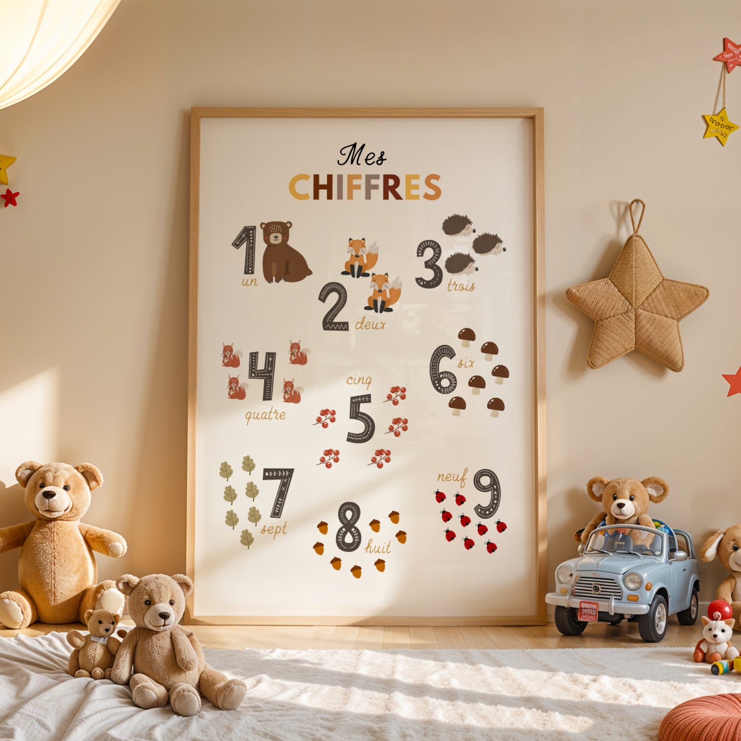 Duo d'Affiches Éducatives animaux de la forêt : Abécédaire et Chiffres pour Chambre d'Enfant sur le thème nature