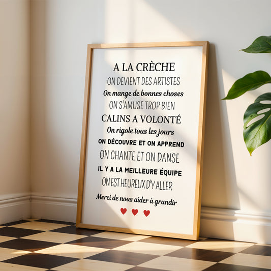 Affiche A la crèche - poster décoration crèche - Cadeau crèche - Merci crèche par Le Temps des Paillettes