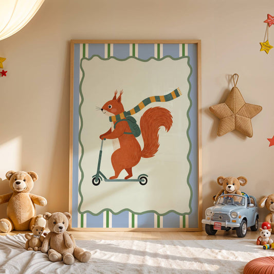 Affiche Écureuil Trottinette – Poster Coloré Animaux Rigolos Chambre Enfant Dopamine Decor Cadeau Naissance