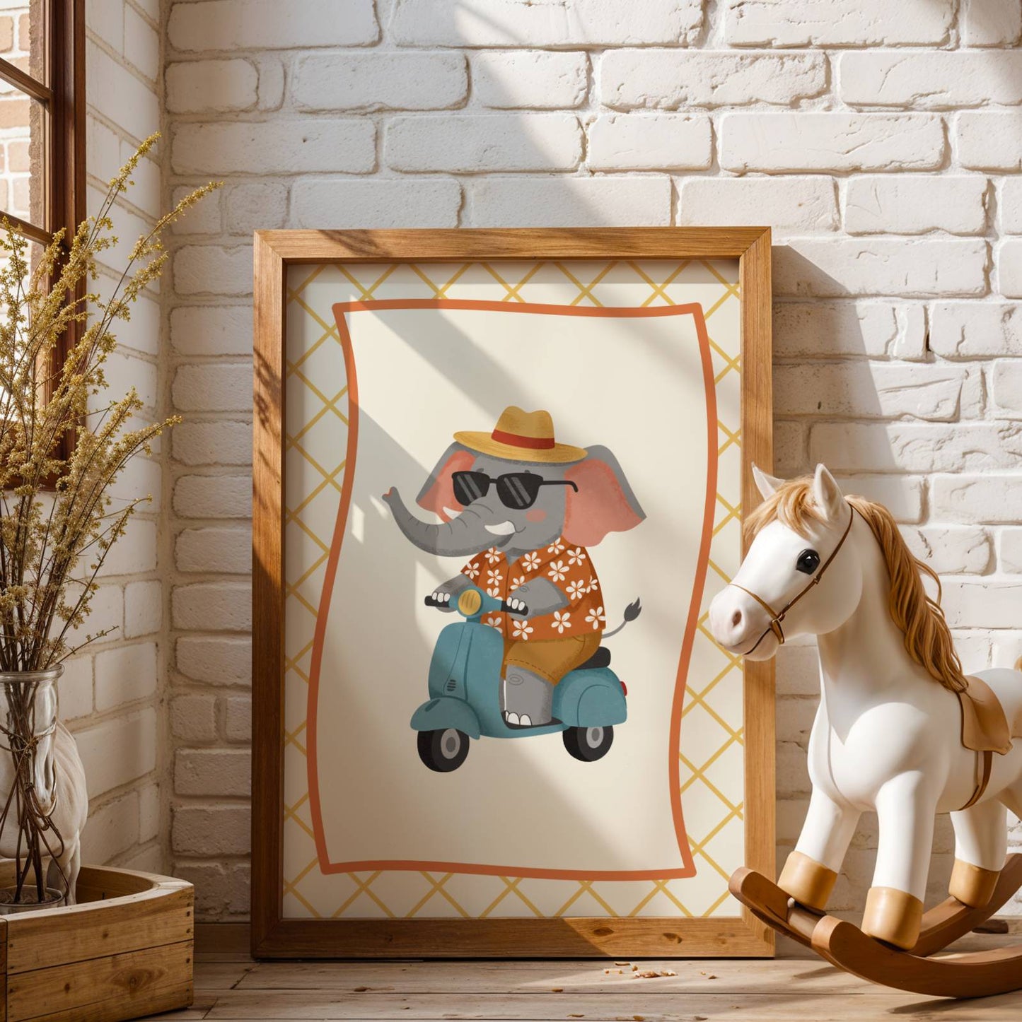 Affiche enfant Éléphant Stylé en Scooter Vespa – Poster Animaux Fun pour Chambre d’Enfant, Affiche Déco Cool et Cadeau