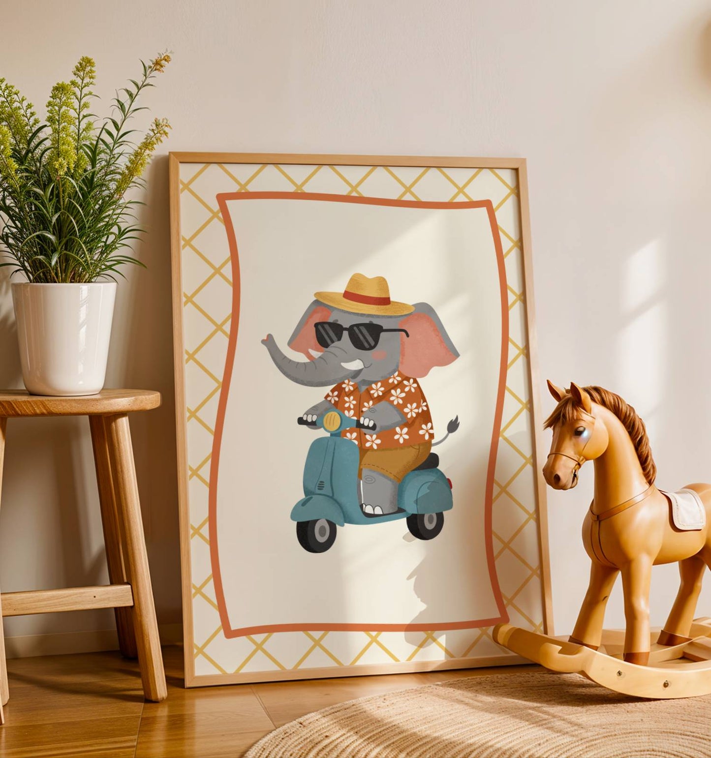 Affiche enfant Éléphant Stylé en Scooter Vespa – Poster Animaux Fun pour Chambre d’Enfant, Affiche Déco Cool et Cadeau