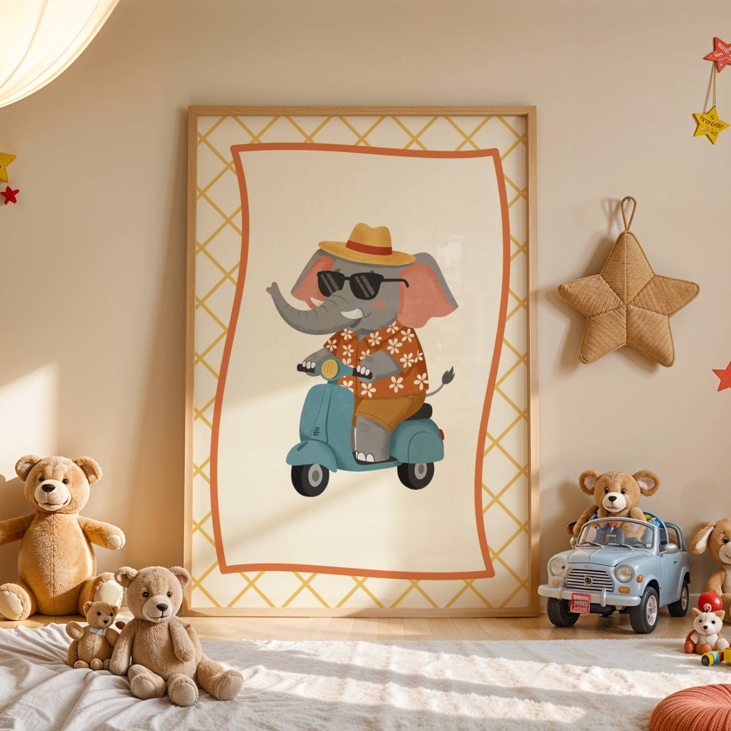 Affiche enfant Éléphant Stylé en Scooter Vespa – Poster Animaux Fun pour Chambre d’Enfant, Affiche Déco Cool et Cadeau