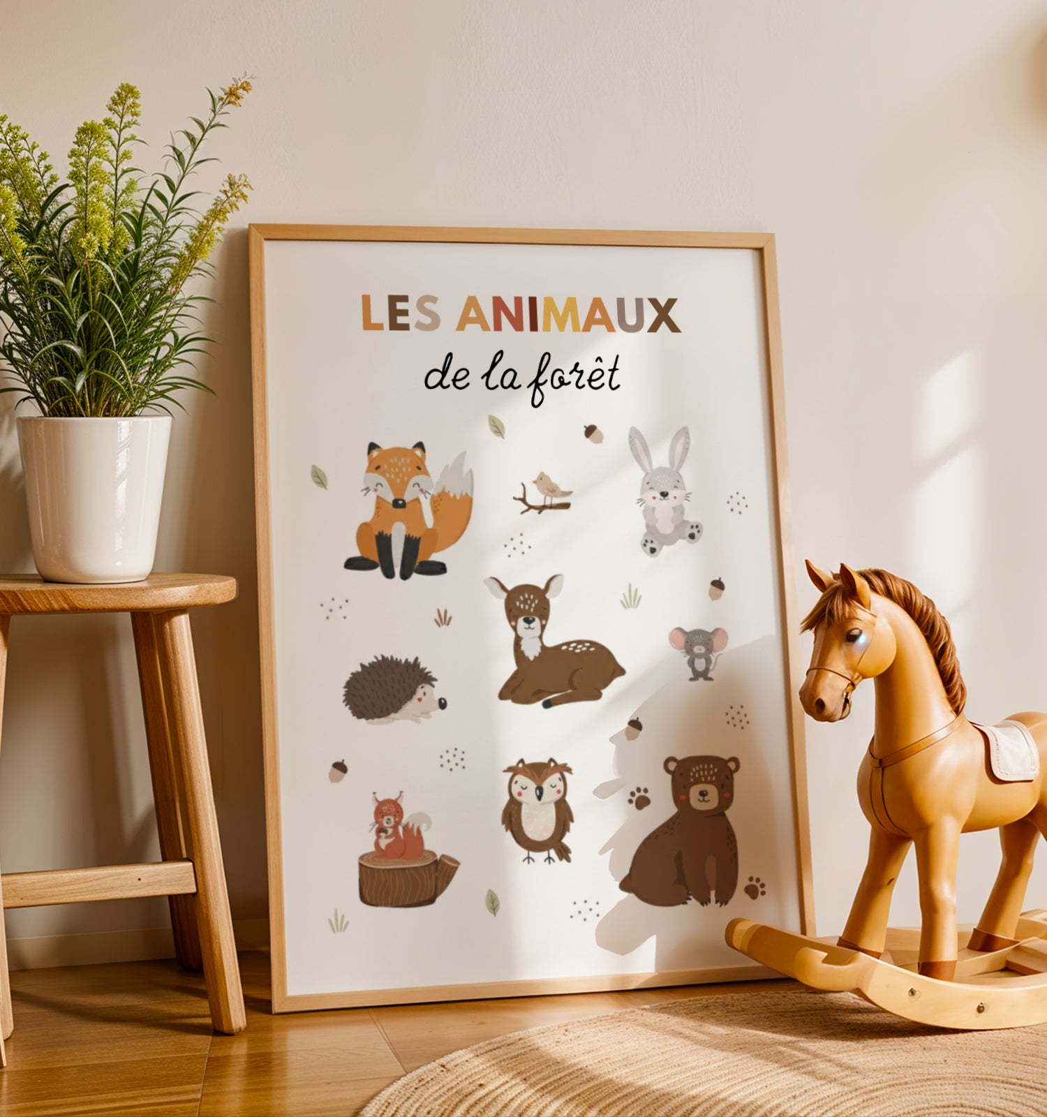 Ceci est une affiche décorative illustrant les animaux emblématiques de la forêt. Un indispensable pour créer un cocon de douceur et de sérénité dans la chambre de votre petit explorateur. 🌲🦊
