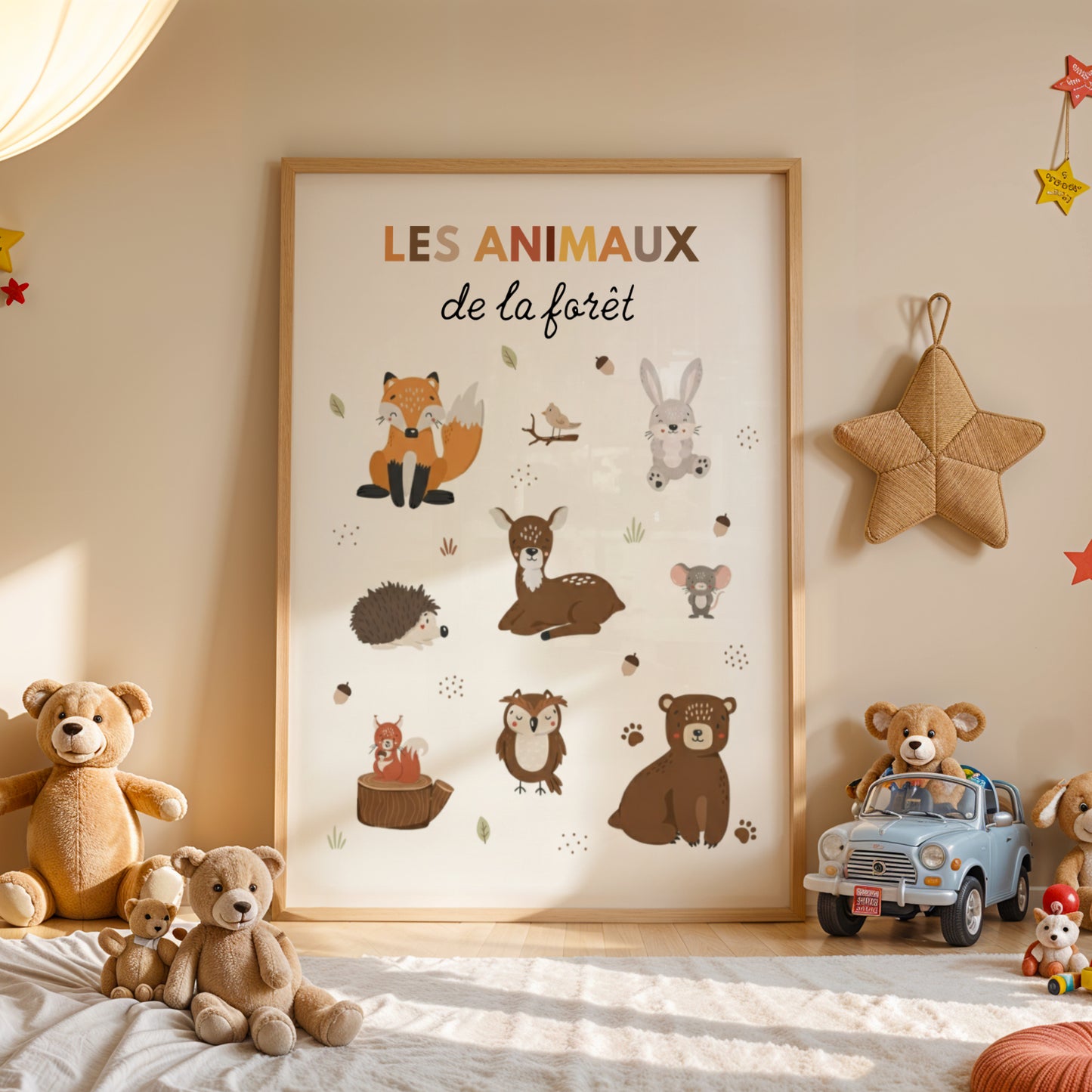 Ceci est une affiche décorative illustrant les animaux emblématiques de la forêt. Un indispensable pour créer un cocon de douceur et de sérénité dans la chambre de votre petit explorateur. 🌲🦊