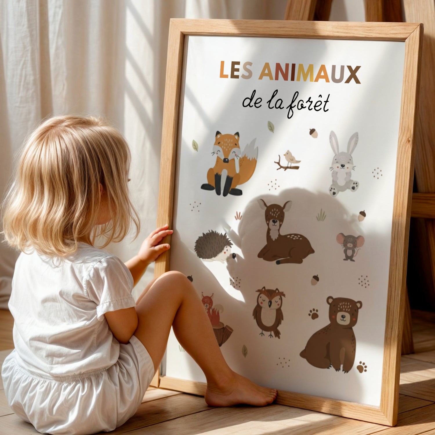 Ceci est une affiche décorative illustrant les animaux emblématiques de la forêt. Un indispensable pour créer un cocon de douceur et de sérénité dans la chambre de votre petit explorateur. 🌲🦊
