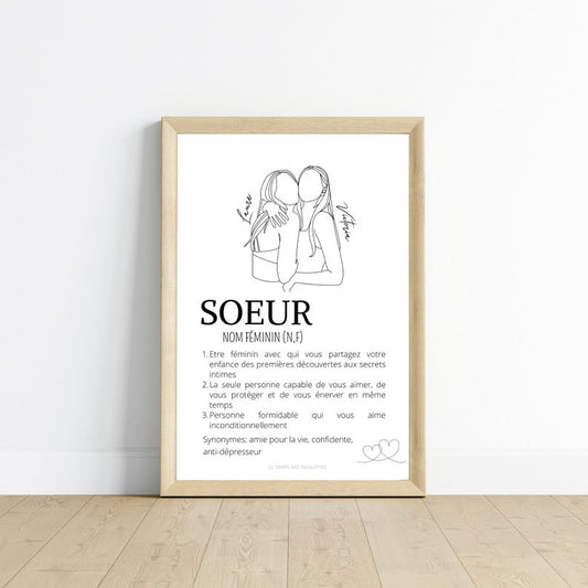 Affiche Définition sœur - Poster sœur personnalisé avec prénoms par Le Temps des Paillettes - Le Temps des Paillettes