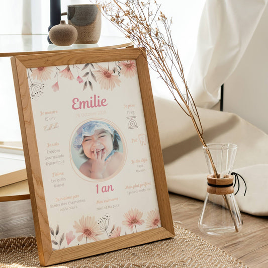 Affiche anniversaire fleurs roses personnalisée - Thème fille bohème par le temps des paillettes - Le Temps des Paillettes