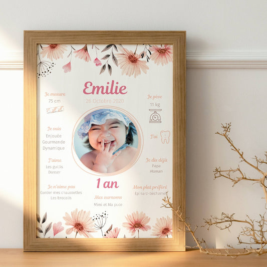 Affiche anniversaire fleurs roses personnalisée - Thème fille bohème par le temps des paillettes - Le Temps des Paillettes