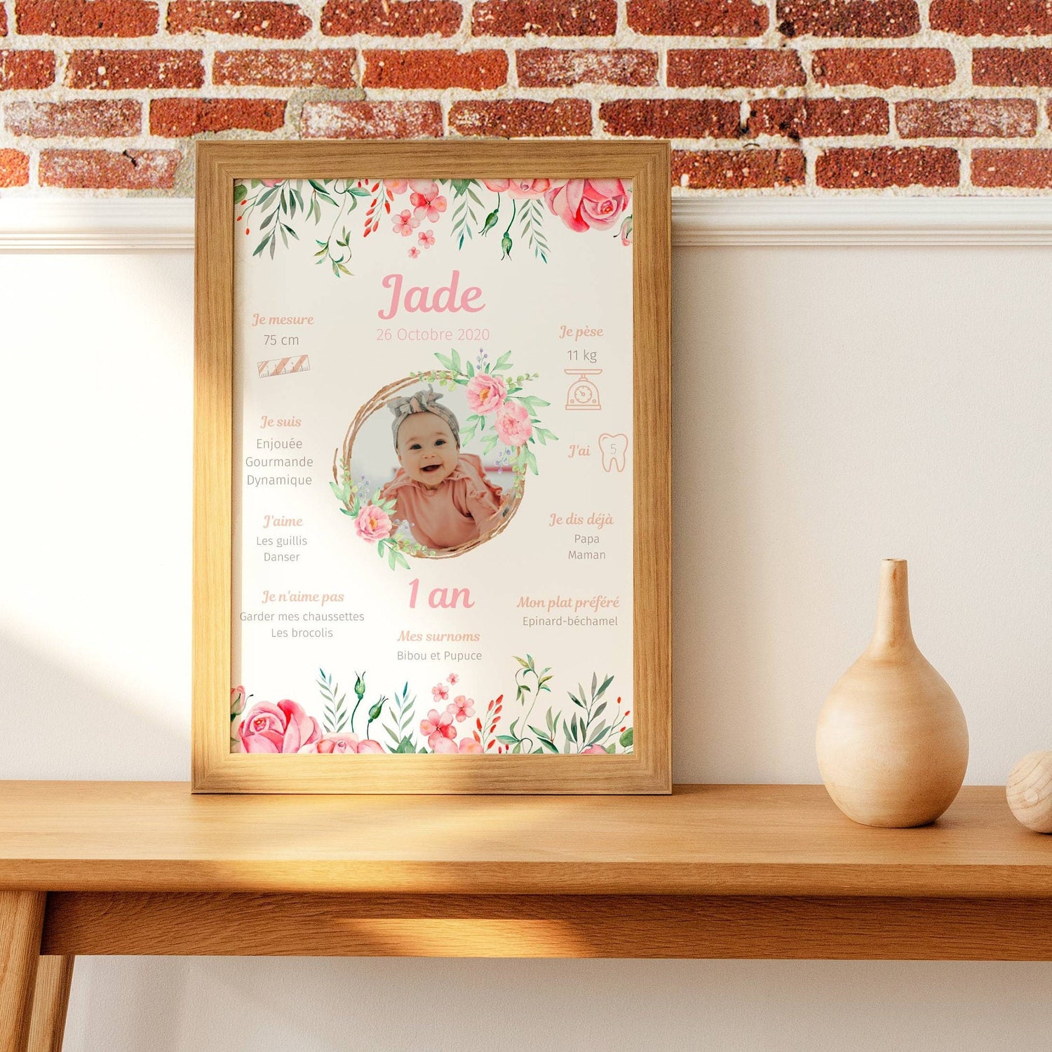 Affiche d'anniversaire personnalisée pour fille - Thème Fleurs Roses - Le Temps des Paillettes
