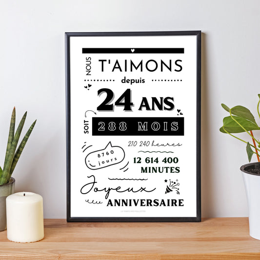 Affiche 24 ans - Carte 24ème anniversaire - Décoration de fête d'anniversaire par le Temps des Paillettes - Le Temps des Paillettes