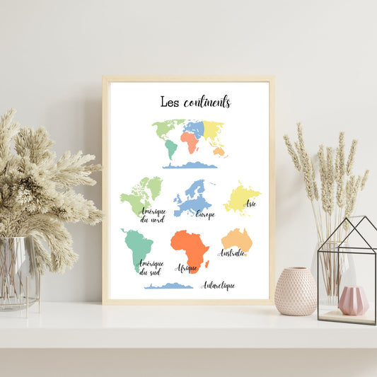 Affiche les continents - Affiches pédagogiques pour chambre enfant ou classe d'école