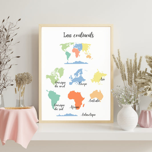 Affiche les continents - Affiches pédagogiques  pour chambre enfant ou classe d'école