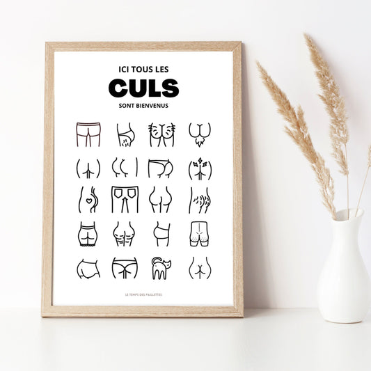 Affiche humour WC - affiche ici tous les culs sont bienvenus - décoration toilette par Le Temps des Paillettes - Le Temps des Paillettes