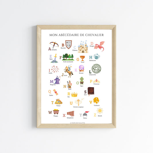 Affiche alphabet chevalier - décoration abécédaire chevalier - ABC chevalier en français par Le Temps des Paillettes - Le Temps des Paillettes