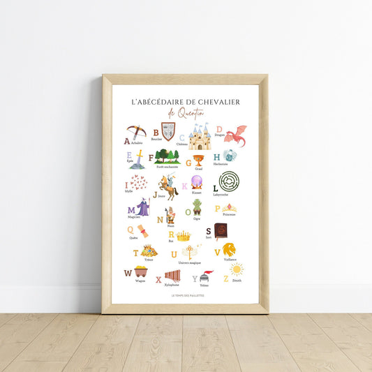 Affiche alphabet chevalier - décoration abécédaire chevalier - ABC chevalier en français par Le Temps des Paillettes - Le Temps des Paillettes