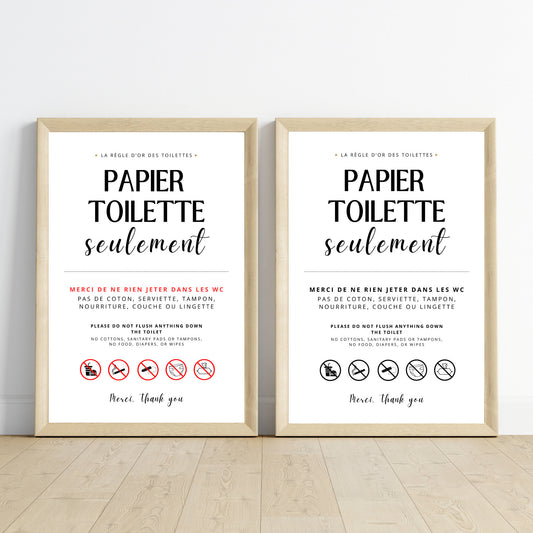 Affiche Ne rien jeter dans les WC en français - Affiche toilette canalisation sensible - Le Temps des Paillettes