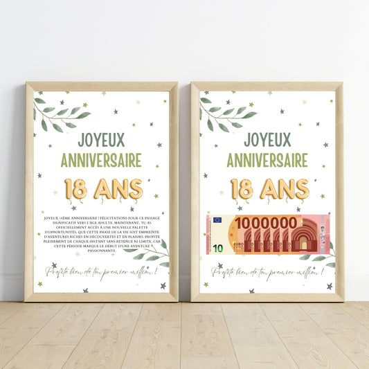 Cadeau argent anniversaire 18 ans, ton premier million, affiche message surprise pour billets à offrir - Le Temps des Paillettes