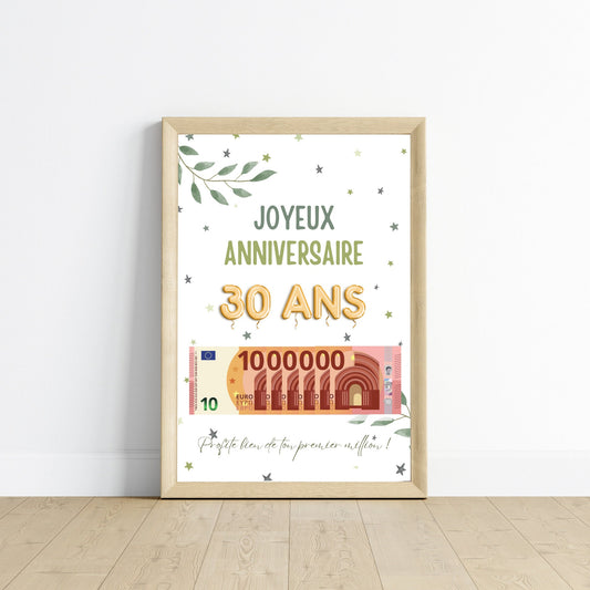 Cadeau argent anniversaire 30 ans, ton premier million, affiche message surprise pour billets à offrir - Le Temps des Paillettes
