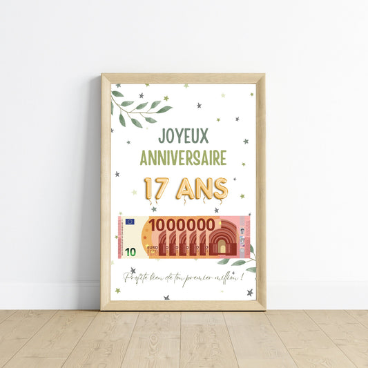 Cadeau argent anniversaire 17 ans, ton premier million, affiche message surprise pour billets à offrir - Le Temps des Paillettes