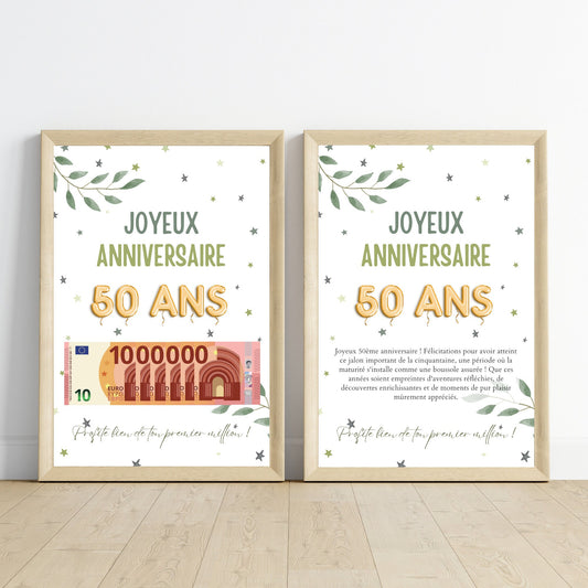 Cadeau argent anniversaire 50 ans, ton premier million, affiche message surprise pour billets à offrir - Le Temps des Paillettes