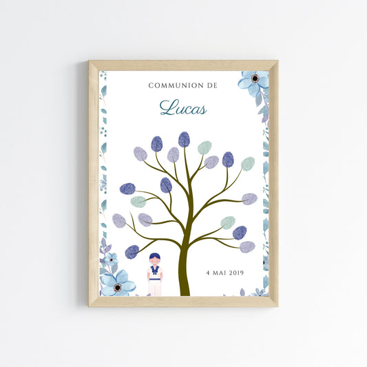 Arbre à empreintes première communion garçon bleu - Déco confirmation personnalisé par le Temps des Paillettes - Le Temps des Paillettes