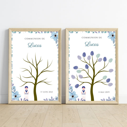 Arbre à empreintes première communion garçon bleu - Déco confirmation personnalisé par le Temps des Paillettes - Le Temps des Paillettes