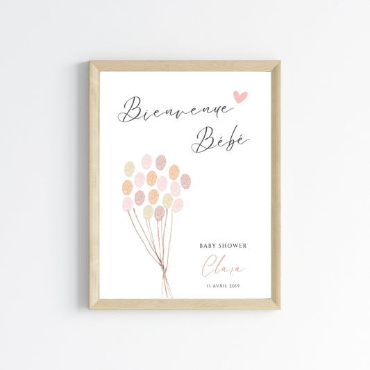 Affiche arbre à empreintes baby shower ballon - Déco anniversaire baptême personnalisée fille rose par le Temps des Paillettes - Le Temps des Paillettes