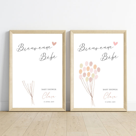 Affiche arbre à empreintes baby shower ballon - Déco anniversaire baptême personnalisée fille rose par le Temps des Paillettes - Le Temps des Paillettes