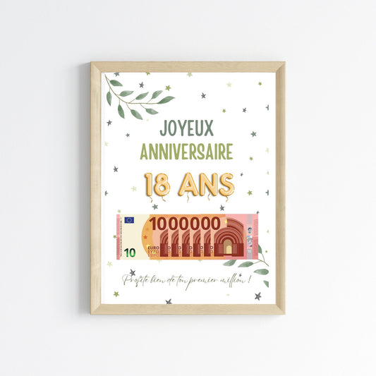 Cadeau argent anniversaire 18 ans, ton premier million, affiche message surprise pour billets à offrir - Le Temps des Paillettes