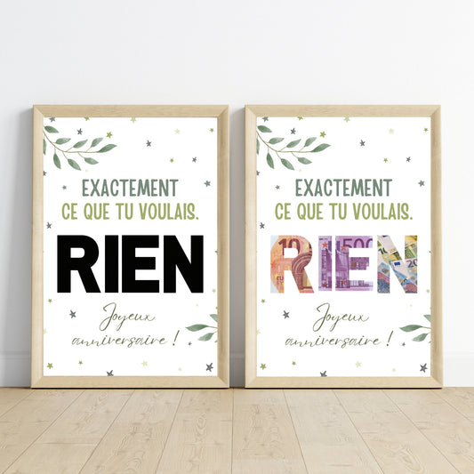 Cadeau argent anniversaire Rien, affiche message surprise pour billets à offrir - Le Temps des Paillettes