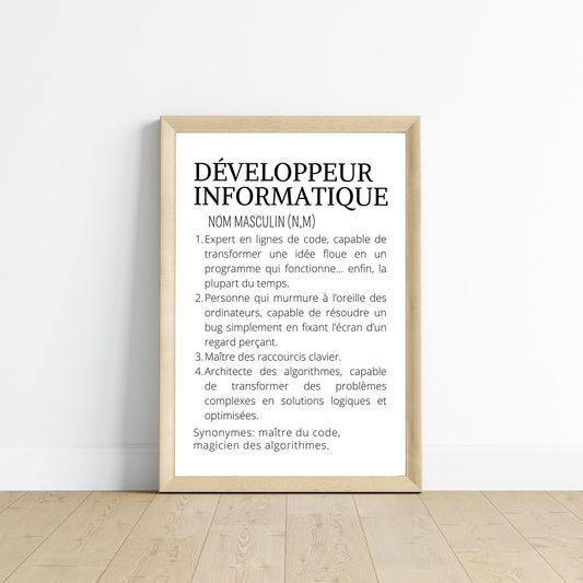 Affiche définition minimaliste Développeur informatique - Cadeau pour Développeur informatique - Le Temps des Paillettes