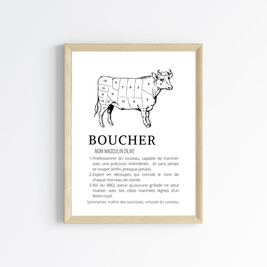 Affiche définition boucher - Affiche minimaliste pour boucherie - Décoration boucher - Le Temps des Paillettes