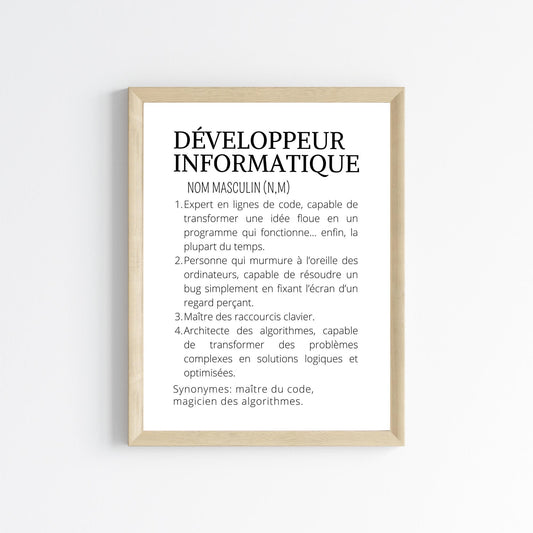 Affiche définition minimaliste Développeur informatique - Cadeau pour Développeur informatique - Le Temps des Paillettes